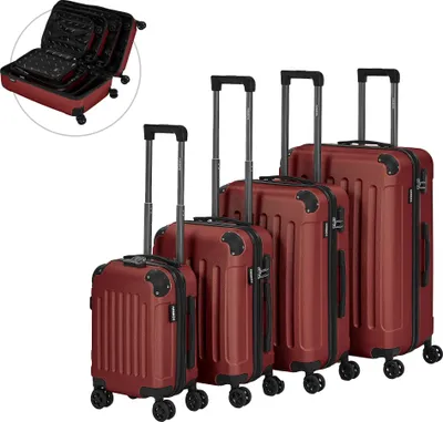 Produktbild von AREBOS® Sada tvrdých kufrov ABS 4 ks I Cestovný kufor s teleskopickou rukoväťouI Vrátane zipsu, 360° kolieska I Sada cestovných kufrov S-M-L-XL | Red