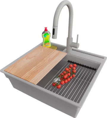 Produktbild von PRIMAGRAN Granitspüle Grau 58x53cm, Spülbecken 1 Becken + Küchenarmatur 40x20cm + Ablauf-Set + Küchenzubehörset, Küchenspüle ab 60er Unterschrank - Oslo Pocket