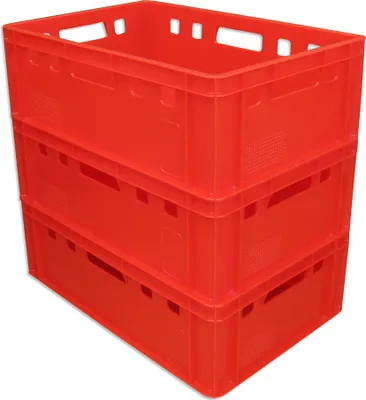 Three stacked red plastic crates.