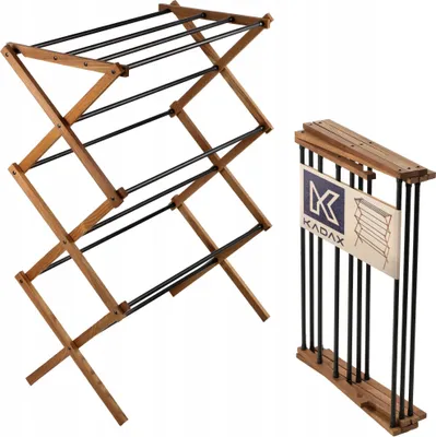 A wooden drying rack is shown in two configurations: unfolded and folded.