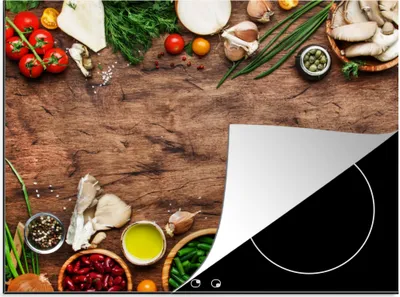 Produktbild von KitchenYeah© Herdabdeckplatte Kräuter - Gemüse - Rustikal , 77x59cm, Küche Deko, Glaskeramikkochfeld Herdabdeckung, Abdeckplatte fùr Kochfeld
