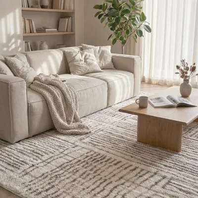 Produktbild von Großer Teppich - 200x300 cm - Rechteckig - Creme - Designer Teppiche Wohnzimmer - Moderner Teppich - MONO