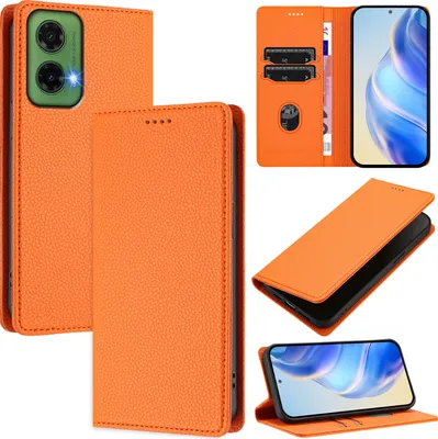 Immagine prodotto di Custodia in pelle per Motorola Moto G35, pelle Litschi, custodia a portafoglio con slot per carte e supporto Arancione