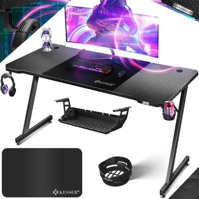 Produktbild von KESSER® Gaming Tisch LED | Z-Form Gamer Schreibtisch | Kopfhörerhaken & Kohlebeschichtung | Ergonomischer PC Computertisch | Stabiler Tisch mit Mauspad & Getränkehalter - 160cm x 60cm