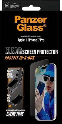 Produktbild von PanzerGlass ® Displayschutz iPhone 17 Pro | Ultra-Wide Fit m. Fastfit in-a-box, Apple, Apple - iPhone 17 Pro, Trockene Anwendung, Kratzresistent, Schockresistent, Transparent, 1 Stück(e)