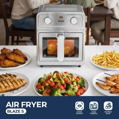 Produktbild von Edelstahl Heißluftfritteuse Airfryer Ofen - 6,5 L Familiengröße - Sichtfenster - Drehknopfsteuerung 80–200 °C - Doppelte Heizung - Hellgrau
