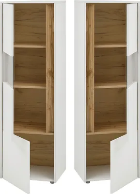 Produktbild von Vitrinenschrank Esszimmer CRISP-61 in weiß mit Absetzungen in Wotan Eiche Nb., B/H/T: ca. 50/155/40 cm