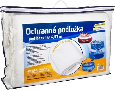 A product package for a swimming pool mat, showing images of pools and product details.