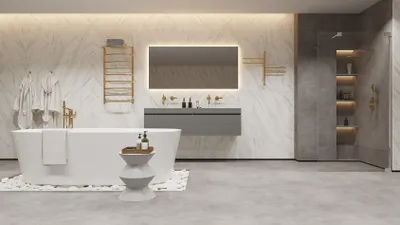 A modern, luxurious bathroom with a freestanding bathtub, a wall-mounted vanity, and a walk-in shower.