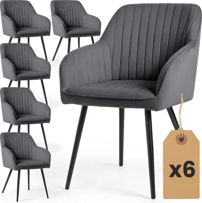 Produktbild von 6er Set Velours Esszimmerstühle mit Ziernähten FLORENCE Anthrazit mit schwarzen Beinen
