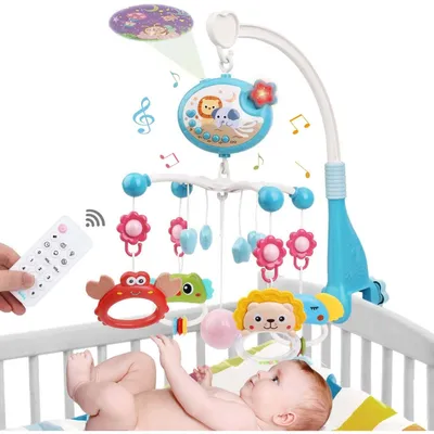 Produktbild von Baby Mobile mit Musik, Licht & Projektor – Spieluhr für Babybett mit Fernbedienung, Timer & Rotierenden Rasseln: Baby Geschenke für Mädchen & Jungen