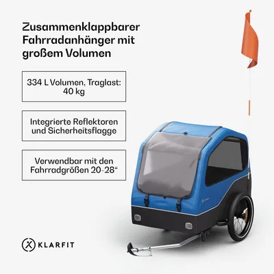 Produktbild von Klarfit Geräumiger Fahrradanhänger für 2 Haustiere mit 334 L Volumen - robuste Stahlrahmenkonstruktion, Reflektoren rundum - idealer Hundeanhänger & Lastenanhänger fürs Fahrrad
