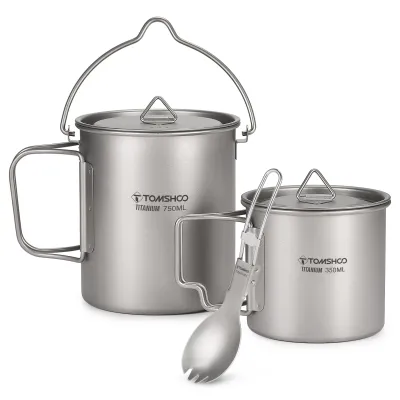 Produktbild von Lixada Lightweight Titan 3 Stueck Set Titan 750ml Topf 350ml Wasser Becher mit Deckel faltbarer Griff Klappspork fuer Outdoor Camping Wandern