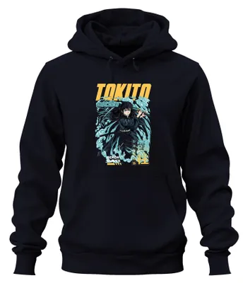 Imagen del producto de Sudadera con capucha estilo "hoodie", diseño "Demon Slayer", personaje Tokito Muichiro (Pilar de la Niebla), con espada, uni, color azul marino, talla S