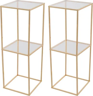 Immagine prodotto di Portafiori per matrimoni - Colonna rettangolare in metallo con ripiano - Set da 2 - 28×28×80 cm - 2 livelli - Capacità di carico 3 kg per supporto - Oro