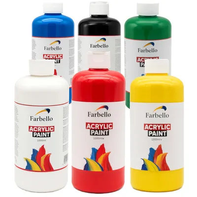 Produktbild von Farbello Acrylfarben Set 6 Farben je 1000ml – Wasserbasiert, wasserfest & hochpigmentiert –Profi Künstlerbedarf Acrylfarben Großpackung (6 Farben)