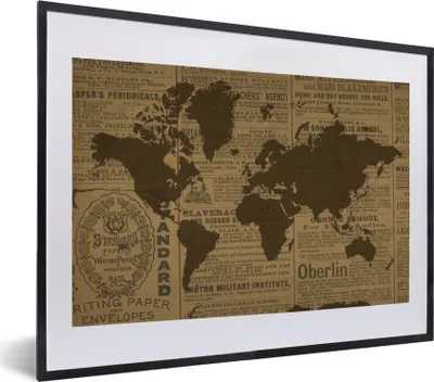 Produktbild von MuchoWow® MuchoWow® Gerahmtes Poster Weltkarte - Braun - Zeitungspapier 60x40 cm - Poster mit zchwarzem Bilderrahmen - Schlafzimmer - Plakat in Rahmen - Drucken