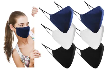 Produktbild von Waschbare Gesichtsmasken – Verstellbar – 3-lagig aus Baumwolle – Schwarz, Weiß und Blau – Packung mit 6 Stück