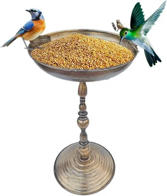 Produktbild von Stehendes Gartenvogelbad aus Eisen mit Futterplatz und Wasserschale in Antikoptik für draußen, für Kolibris und Sittiche