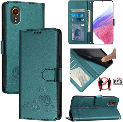 Produktbild von Leder Hülle für Samsung Galaxy Xcover 7 Süße Katze Flip Case Brieftasche Schutzhülle mit Standfunktion Grün