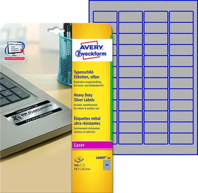 Image de Etiquettes Avery Zweckform 45.7mm x 21.2mm, A4, argent, 48 étiquettes, très durables, paquet de 20, L6009-20, pour imprimantes laser