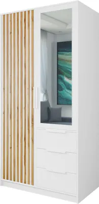 Produktbild von MIRJAN24 Kleiderschrank Tytus Lux D2 mit 2 Drehtüren und 3 Schubladen, mit Aluminumgriffe, Kleiderstange, Frontspiegel (Farbe: Weiß / Weiß + Eiche Wotan)