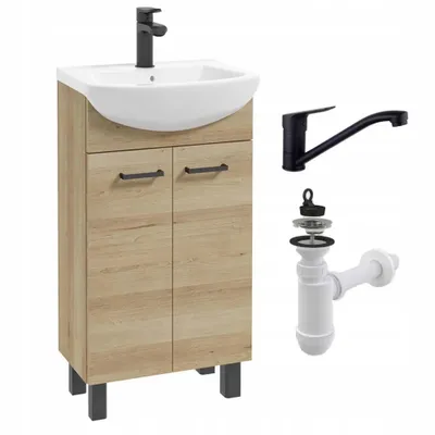 Immagine prodotto di Stamar | Mobile da bagno con lavabo, a libera installazione, 45 cm, faggio tartufato, rubinetto a sifone