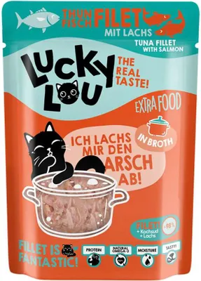 Image de Lucky Lou Extrafood Filet de thon & saumon en bouillon Nourriture pour chats Nourriture humide pour chats Complément alimentaire bouillon