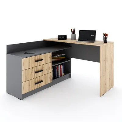 Produktbild von Marlux-Meble Schreibtisch mit Schubladen 3 und Regalen 2 | Eckschreibtisch Grau Matt - Wotan-Eiche | PC Schreibtisch L Form (Omega Schreibtisch Holz 131x120x76 cm)