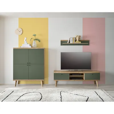 Produktbild von Wohnwand in Eiche mit grün AVEZZANO-61 Modern 3-teilig