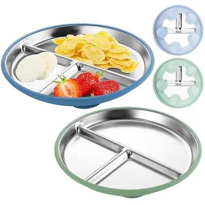 Produktbild von 2er Kinderteller mit Saugnapf aus Edelstahl rutschfest BPA-frei mit Silikonboden abnehmbar Teller mit Fächern für Kinder