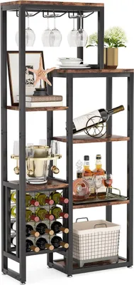 Produktbild von Weinregal, freistehend, 5-stöckig, Weinbäckerregal, Weinregal mit Glashalter und Weinaufbewahrung für Bar, Küche, Esszimmer, rustikales Braun