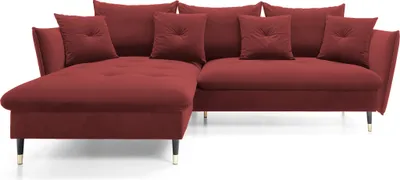 Produktbild von DomoHome Ecksofa GLAM mit Schlaffunktion, Freistehend, Ottomane und Goldenen Füßen – Samtsofa im Glamour-Stil für Ihr Wohnzimmer, mit Zierkissen, 258x167x91cm, Linke Seite BURGUND