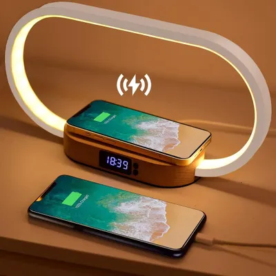 Produktbild von Nachttischlampe mit Ladefunktion, Nachttischlampe mit Uhr und USB-Aufladung, 10W Wireless Charger, 3 Farbmodi, Tischlampe Touch Dimmbar