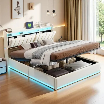 Immagine prodotto di Letto matrimoniale ProximaX 160 x 200 cm di colore beige con porte USB e spazio per riporre le cose sulla testata - Letto matrimoniale moderno e morbido con spazio per riporre le cose