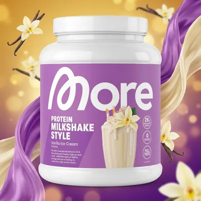 Produktbild von MORE Protein Milkshake Style Vanilla Ice Cream 600 g – Proteinpulver mit Whey & Calciumcaseinat + Heartforcards Versandschutz