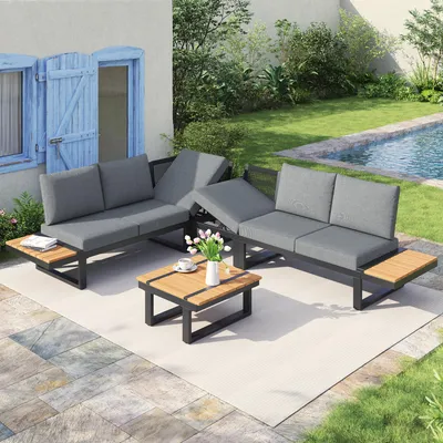 Immagine prodotto di Set salotto da giardino Flieks Set di mobili da giardino per 6 persone con funzione di inclinazione fino a 55 gradi, set di mobili da balcone con tavolo da giardino, divano da giardino con ripiano, grigio