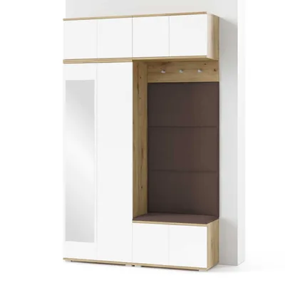 Produktbild von Garderoben-Set Aura Version 3:Kleiderschrank mit Polsterpaneelen, Schuhschrank, Hängeschrank Eingangsbereich (weiß/Artisan-Eiche /Trinity 08)