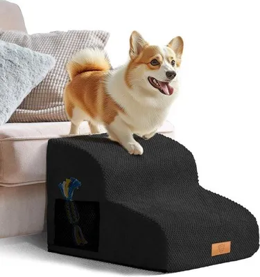 Image de Rampe d'accès pour maison avec 2 marches en mousse antidérapante pour chiens, chats et animaux âgés, amovible et lavable, noir