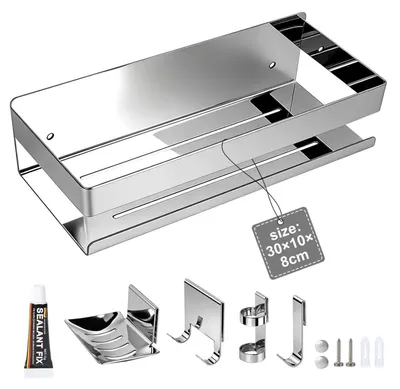 Productafbeelding van Doucheplank zonder boren, 5-in-1, roestvrij staal, badkamerorganizer met haken, zeephouder, 30 cm