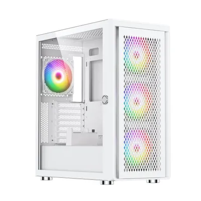 A white computer tower case with RGB lighting visible through the front and side panels.