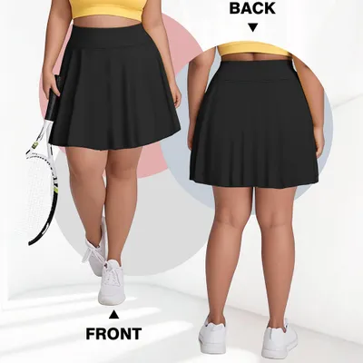 A collage showing a black tennis skirt from the front and back. The front view includes a tennis racket.