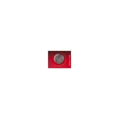 A single coin cell battery in a red blister pack.