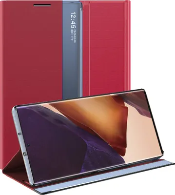 A red flip case for a smartphone is shown open, with the smartphone inside.