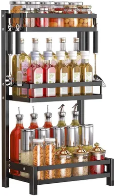 Image de Étagère à épices Unyqoos® – Étagère à herbes noire, gain de place, en acier (avec revêtement en poudre), 3 niveaux, dimensions 32x20x40 cm, 2 paniers pour bouteilles étroites et larges
