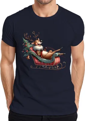 Produktbild von Faules Rentier im Schlitten Weihnachten lustig Geschenk Cartoon Herren T-Shirt, Navy, S