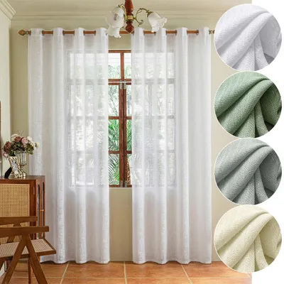 Produktbild von 2er Set Transparente Gardine mit Ösen Leinenstruktur 175GSM Schwerer Voile Fenster Vorhänge für Wohnzimmer Schlafzimmer, 140 x 275 cm Weiß