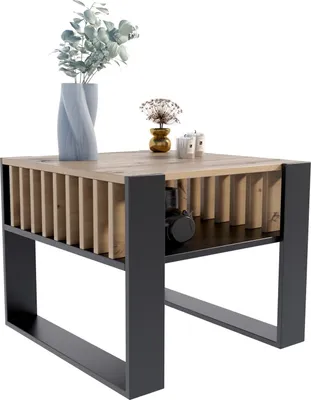 Produktbild von MATAM Moderner Couchtisch IGA Quadratisch, H50 x B60 x T63,6 cm, mit Lamellen im Loft-Stil, funktionales Design, (Artisan Eiche-Schwarz)