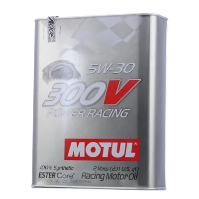 A silver metal can of Motul 300V Power Racing 5W-30 motor oil.