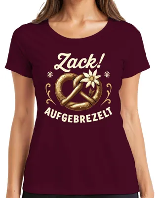 Produktbild von Zack Aufgebrezelt Brezel Tracht Edelweiß Wiesn Lustig Damen T-Shirt, Burgundy, M